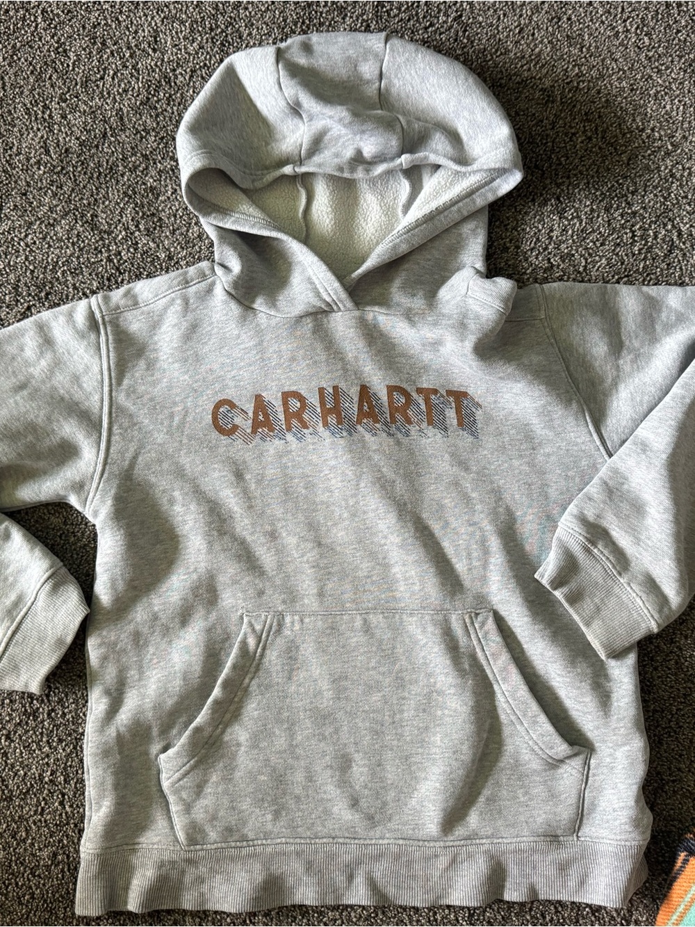 Carhartt Light Gray Hooded Sweatshirt with Brown Logo boys medium